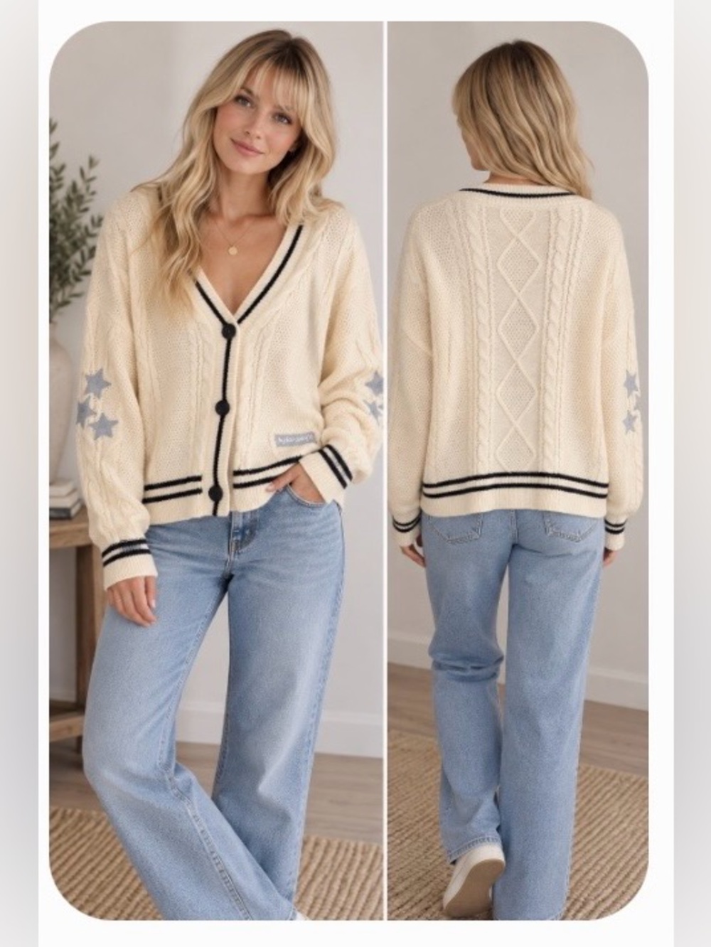 Cream V‑Neck Cable Knit Cardigan with Star Embroidery